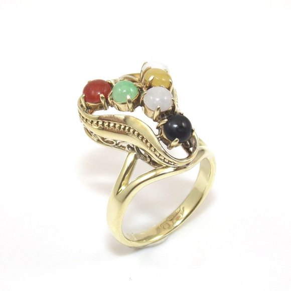Vintage 14K Yellow Gold Multi Stone Jade Ring Size 5.75